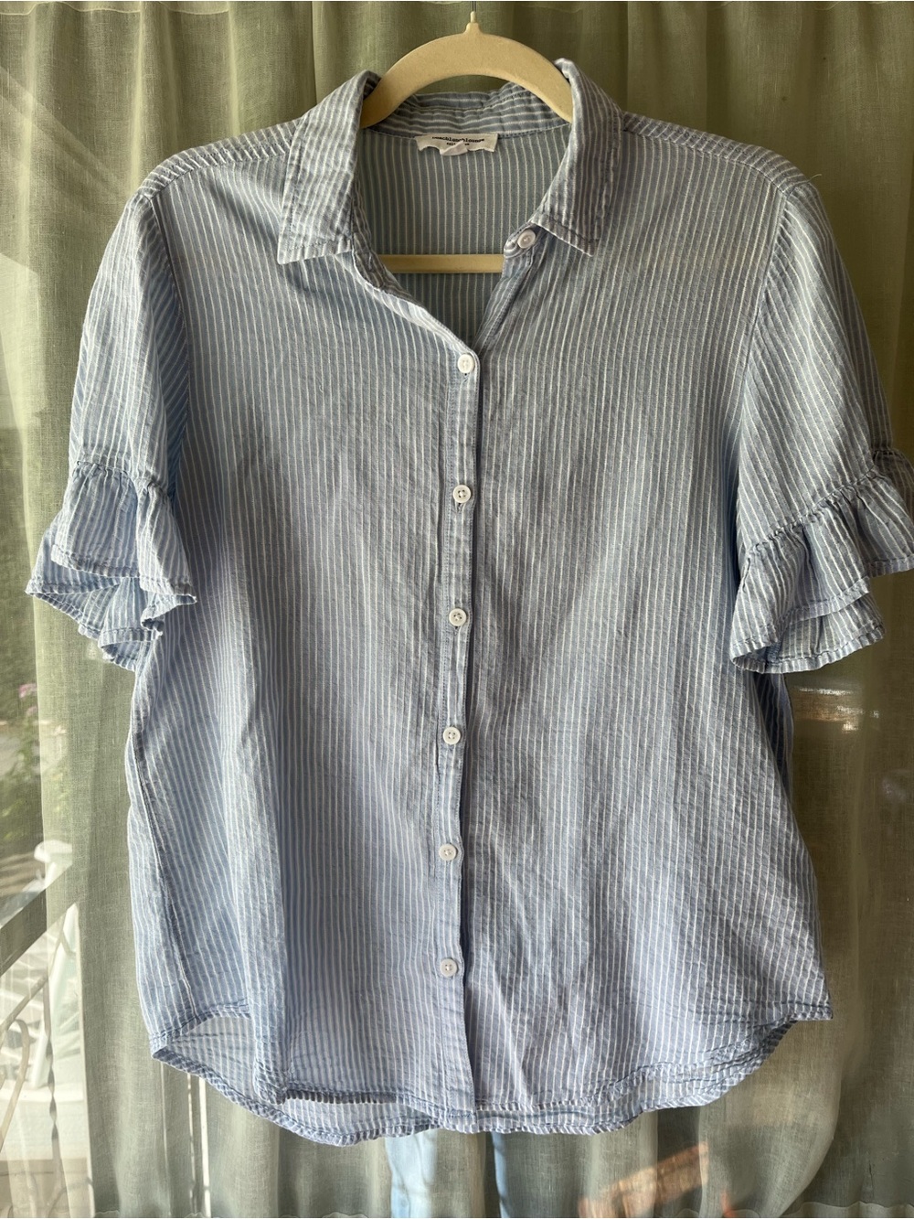 beachlunchlounge 100% Cotton Blue & White Striped Button-Up Ruffle Sleeve Top